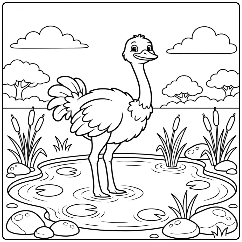 Cute ostrich coloring page by a pond with reeds