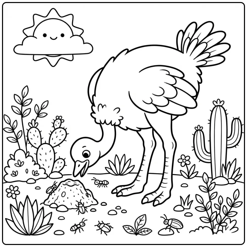Ostrich coloring page pecking at the ground