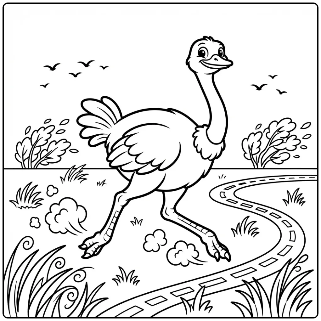 Running ostrich coloring page on an open plain