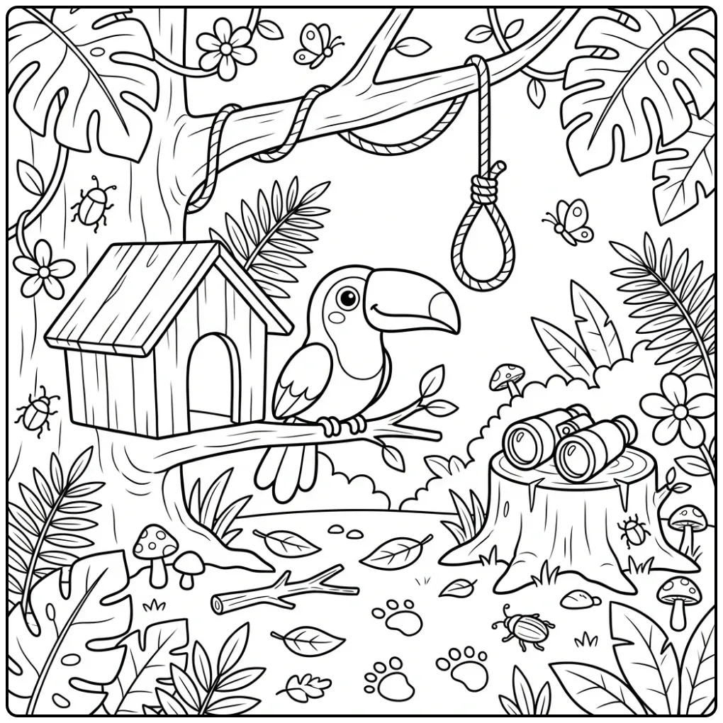 Toucan in the Jungle with Birdhouse coloring page