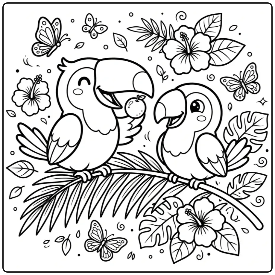 Toucan Pair Sharing Fruit in the Jungle coloring page