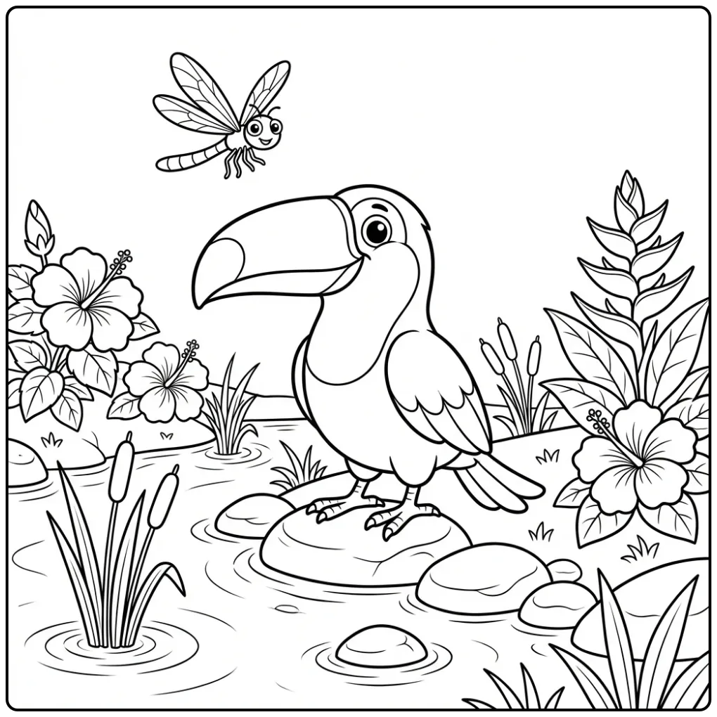 Toucan with a Dragonfly and Flowers by the River coloring page