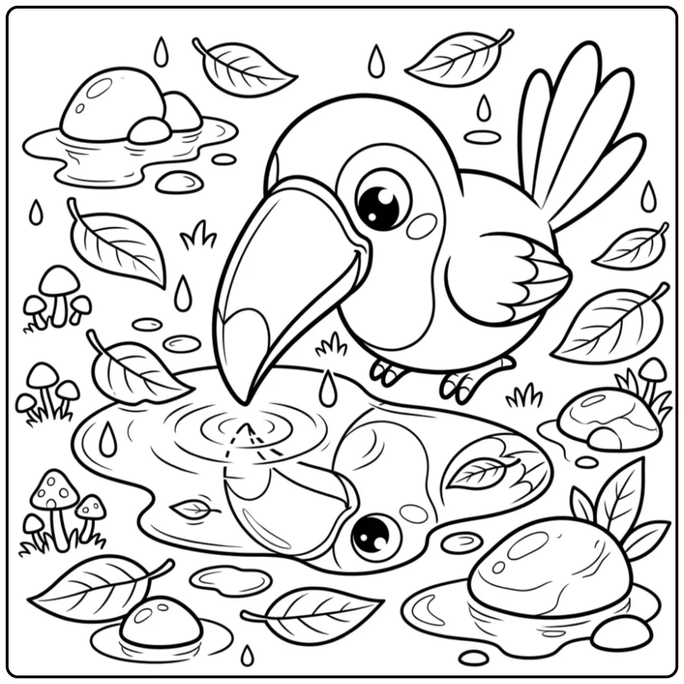 Toucan with Mushrooms and Rain Puddle coloring page