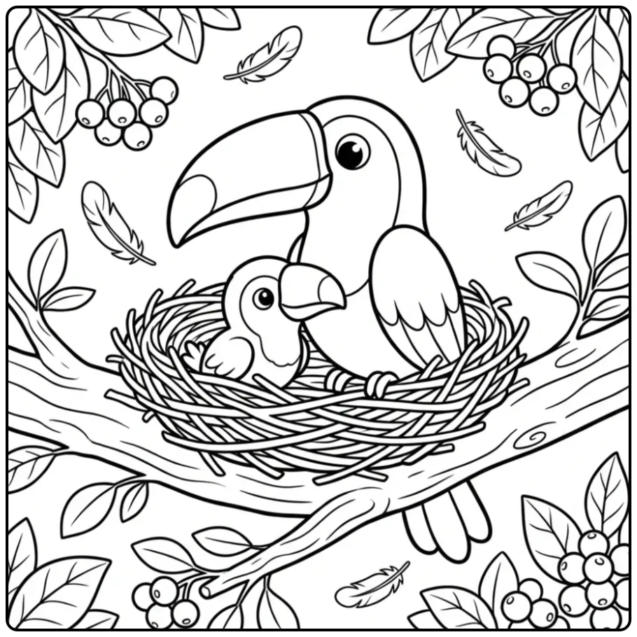 Toucan Mother and Baby in Nest for Children coloring page