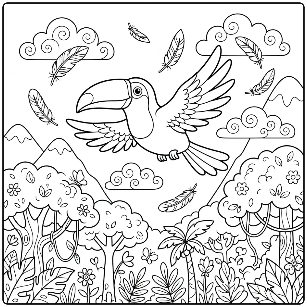 Toucan Flying Over the Jungle Mountains coloring page