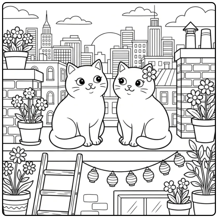 Cats Adventure on a City Roof coloring page