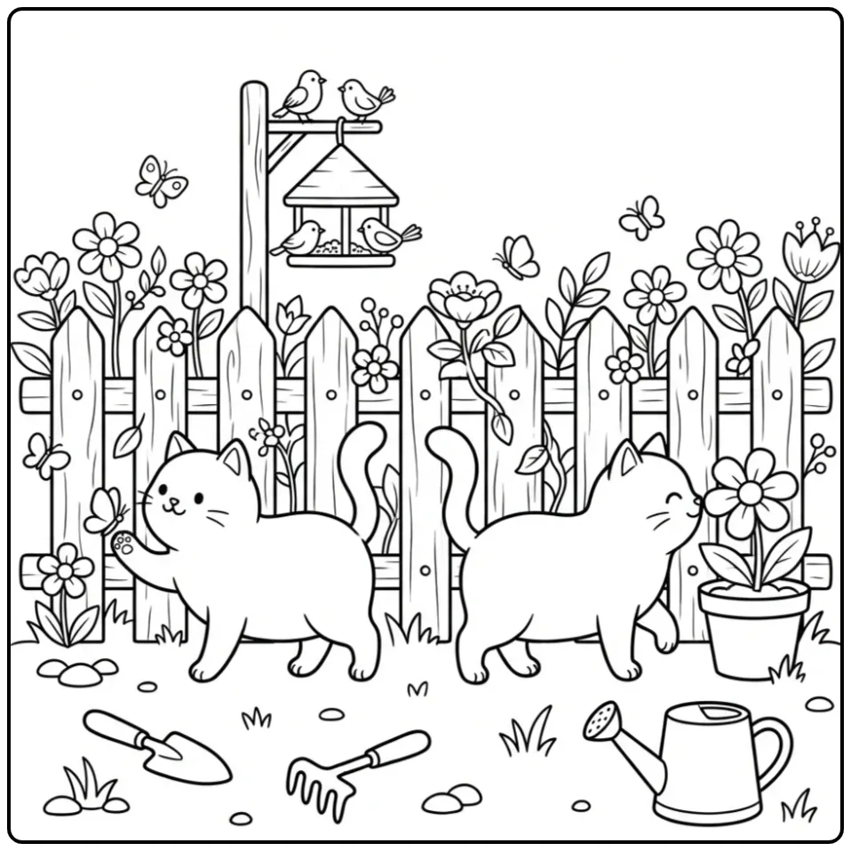 Cats Playing by the Garden Fence coloring page