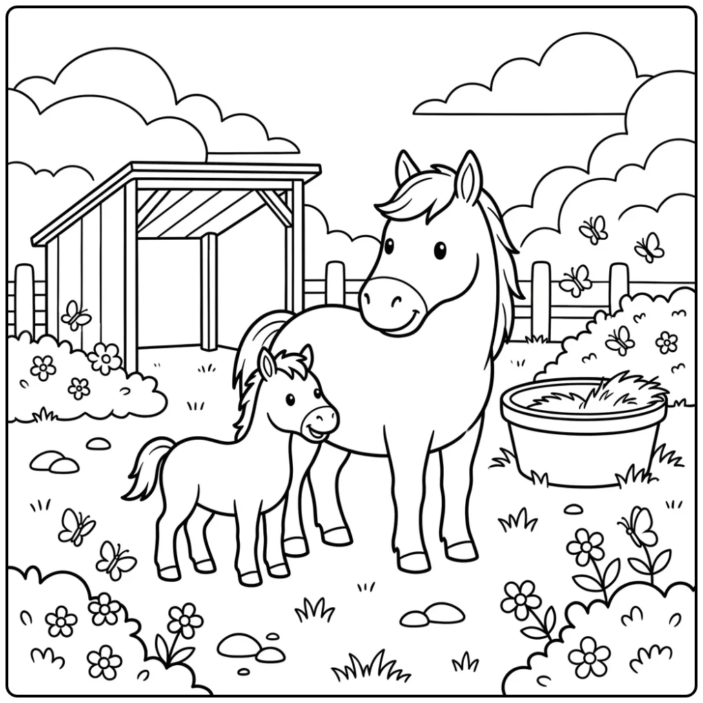 Foal and Horse with Butterflies in the Meadow coloring page
