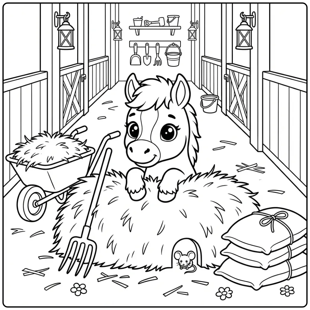 Foal in the Stable with Hay and Wheelbarrow coloring page