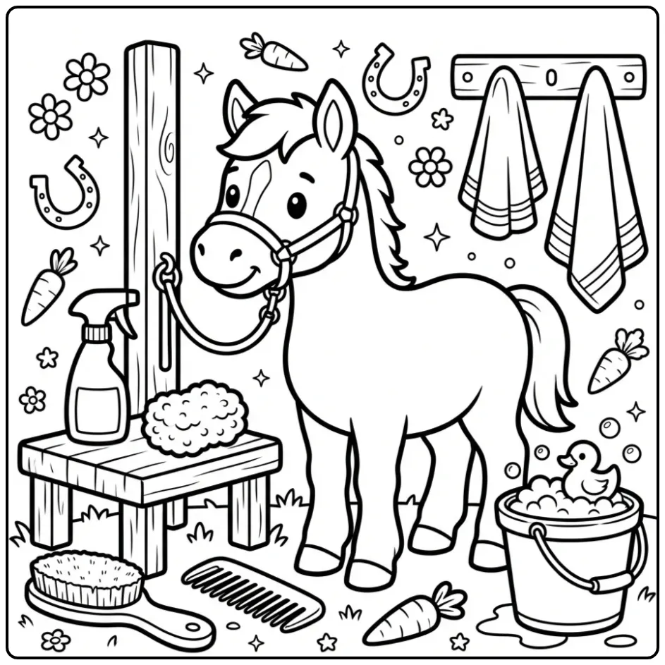Foal with Brushes and a Bucket of Soapy Water coloring page