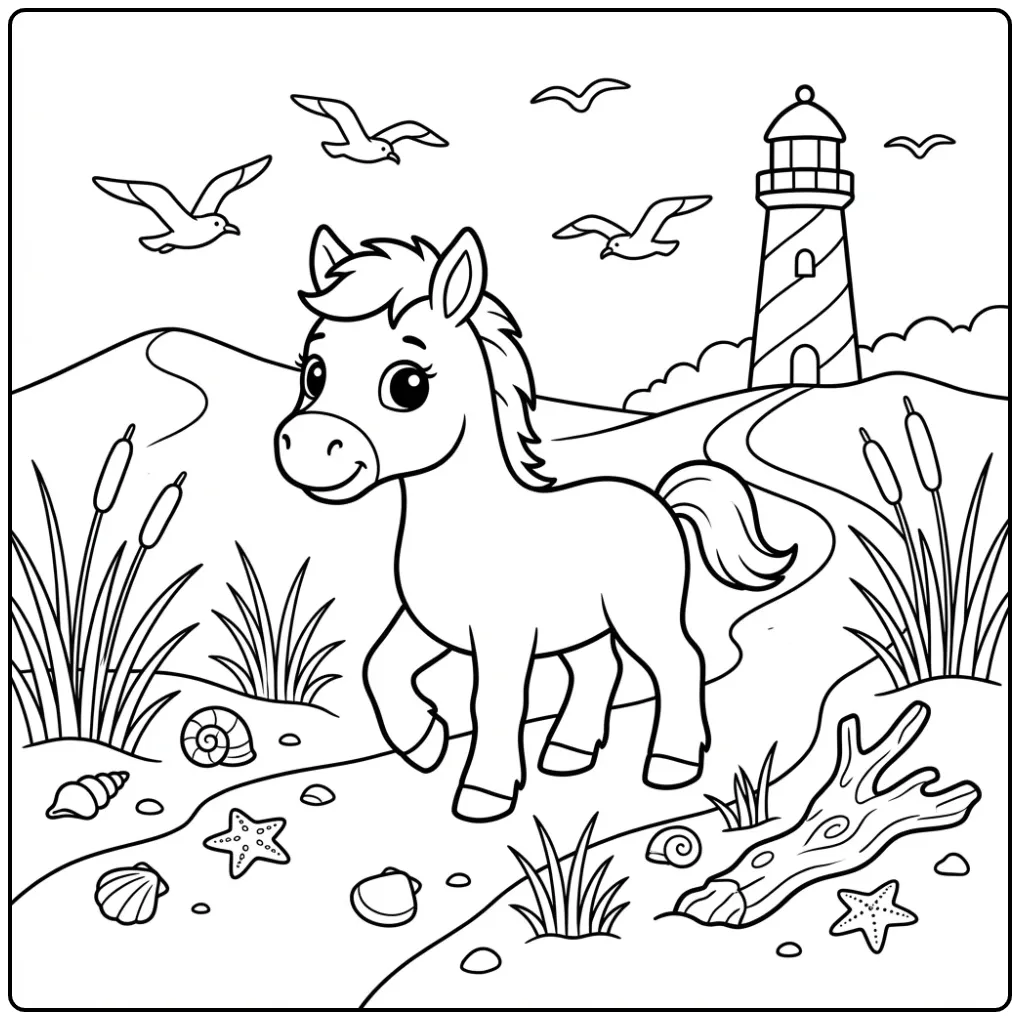 Foal with Dunes Shells and Lighthouse coloring page