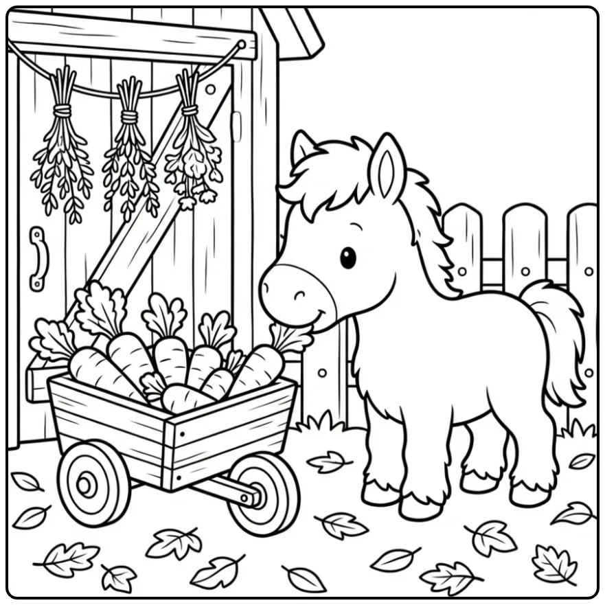 Foal with Carrots by the Stable Door coloring page