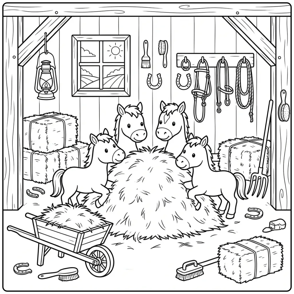 Foals in the Stable with Hay Bales coloring page