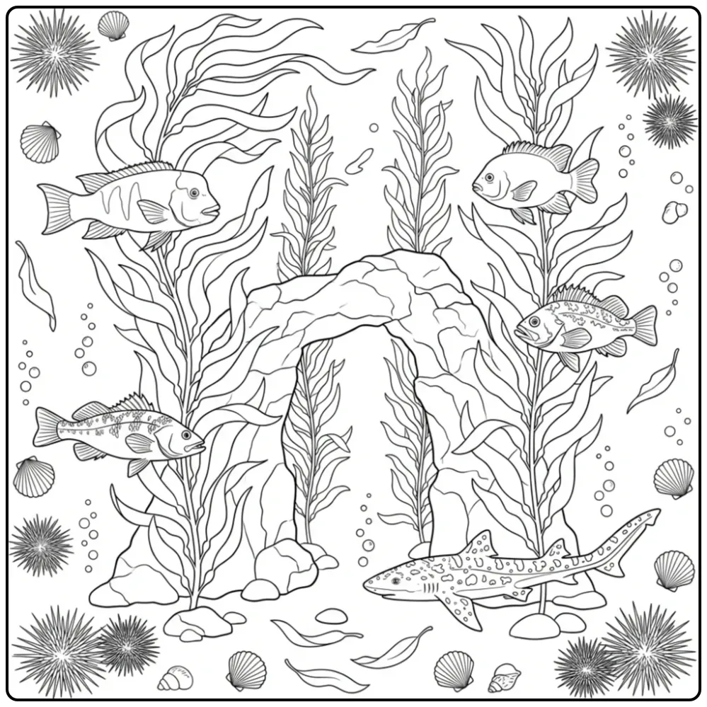 Fish in a Lively Kelp Forest with a Shark coloring page