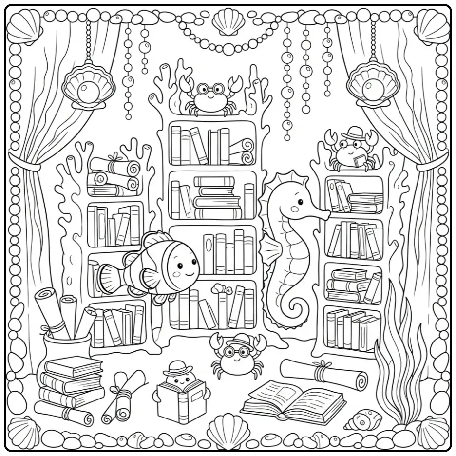Detailed Clownfish and Seahorse Reading coloring page