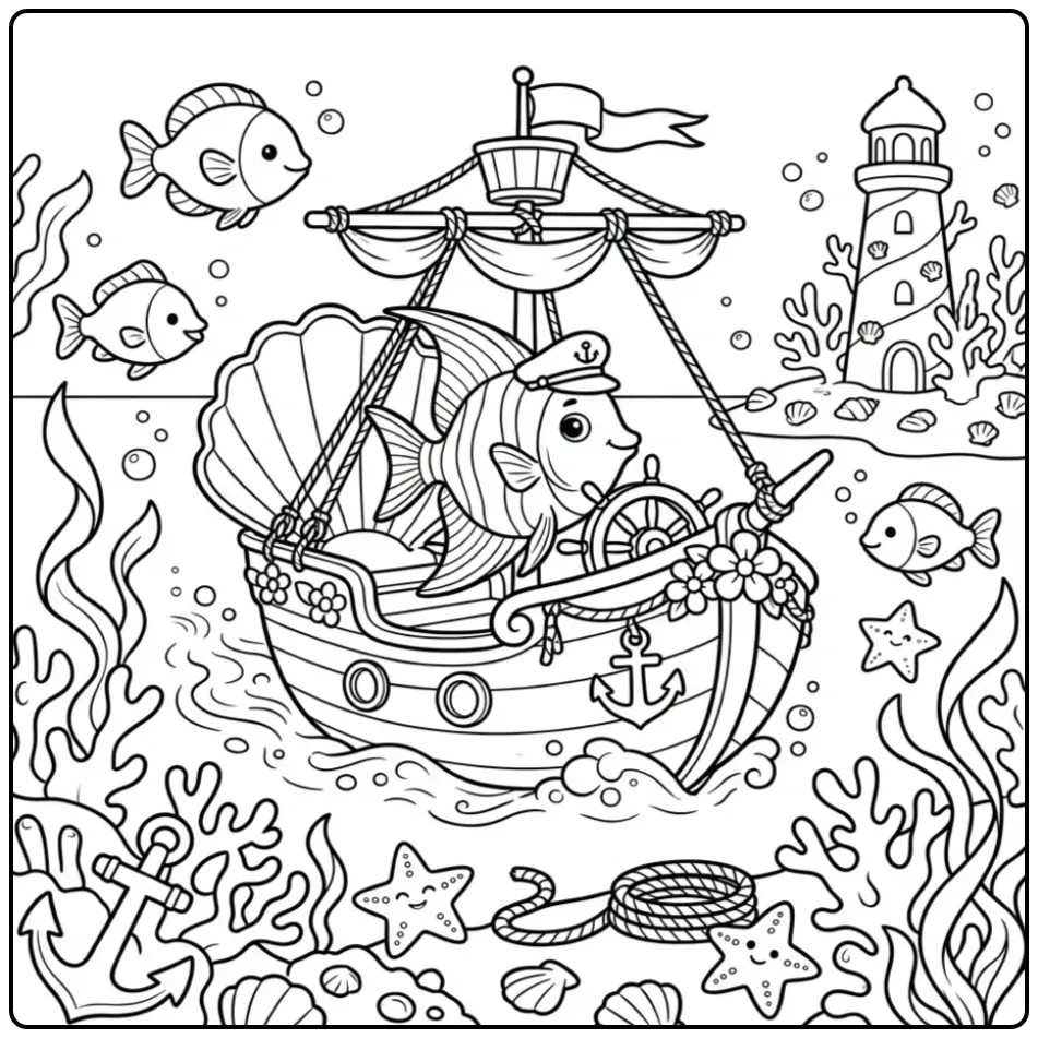 Detailed Fish Captain on a Sea Ship coloring page