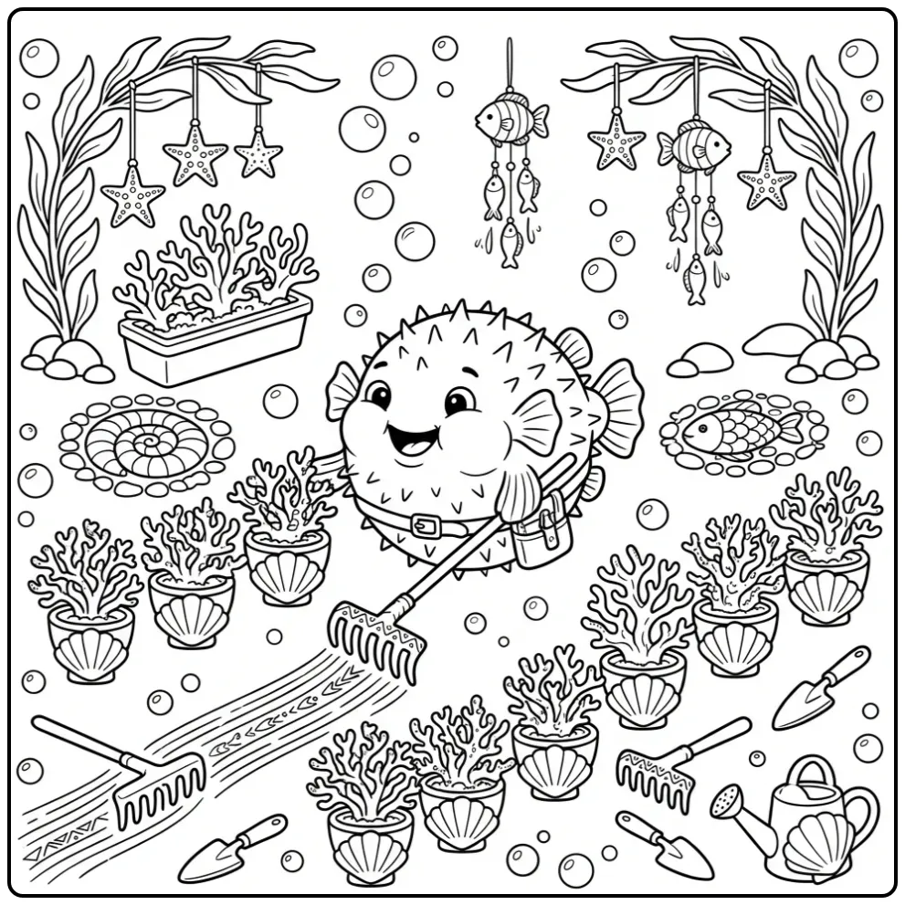 Detailed Pufferfish in an Underwater Garden coloring page