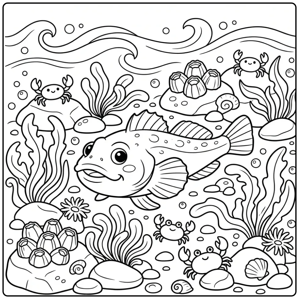 Bullhead Fish Among Crabs and Seaweed coloring page