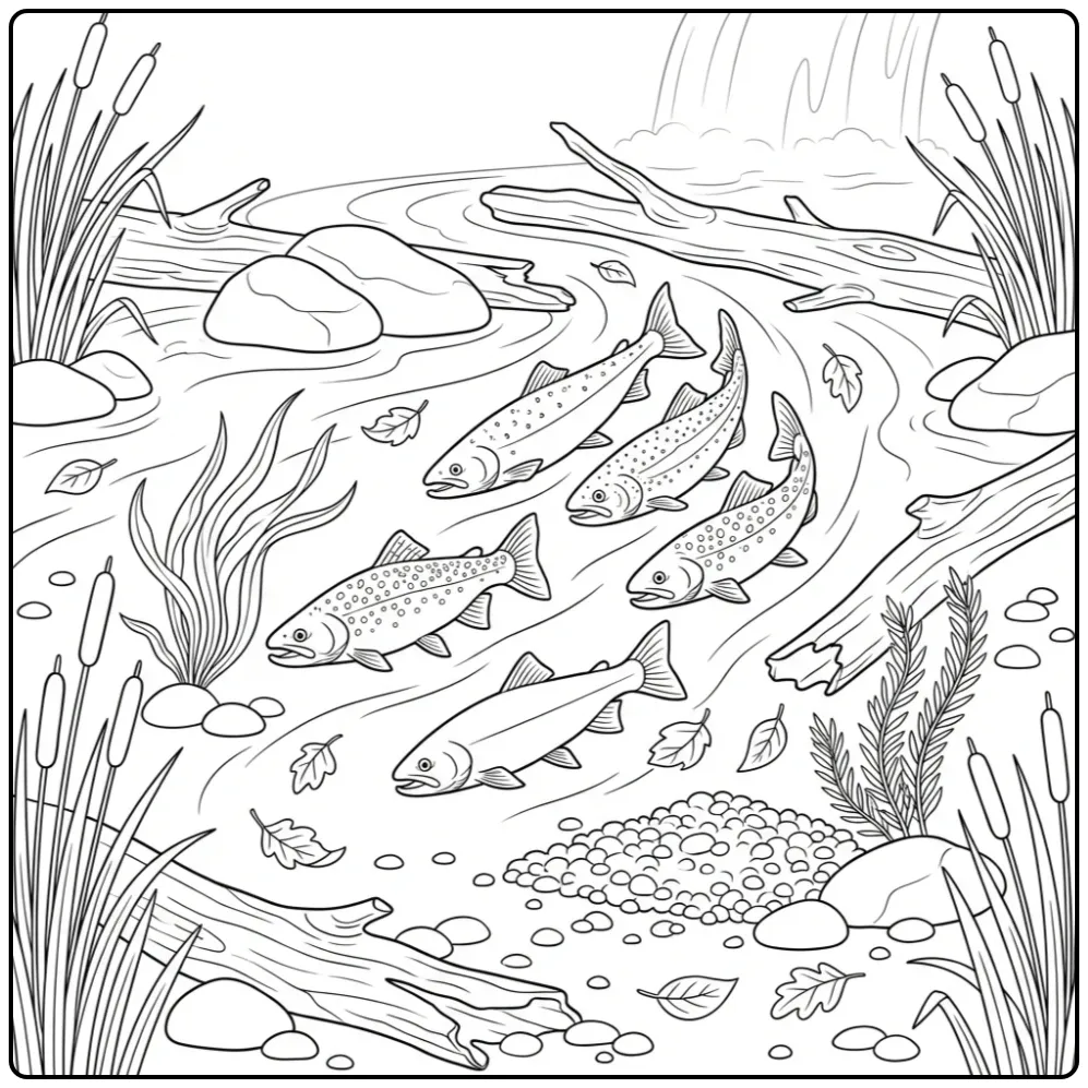 Salmon and Trout Swimming Upstream coloring page