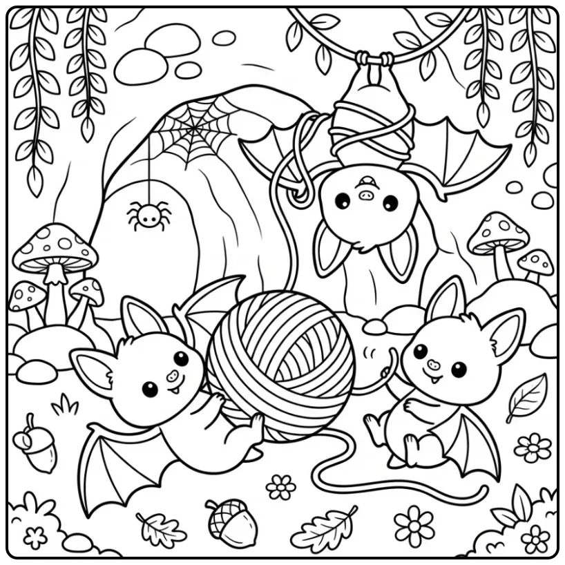 Three Cute Bats with Yarn coloring page