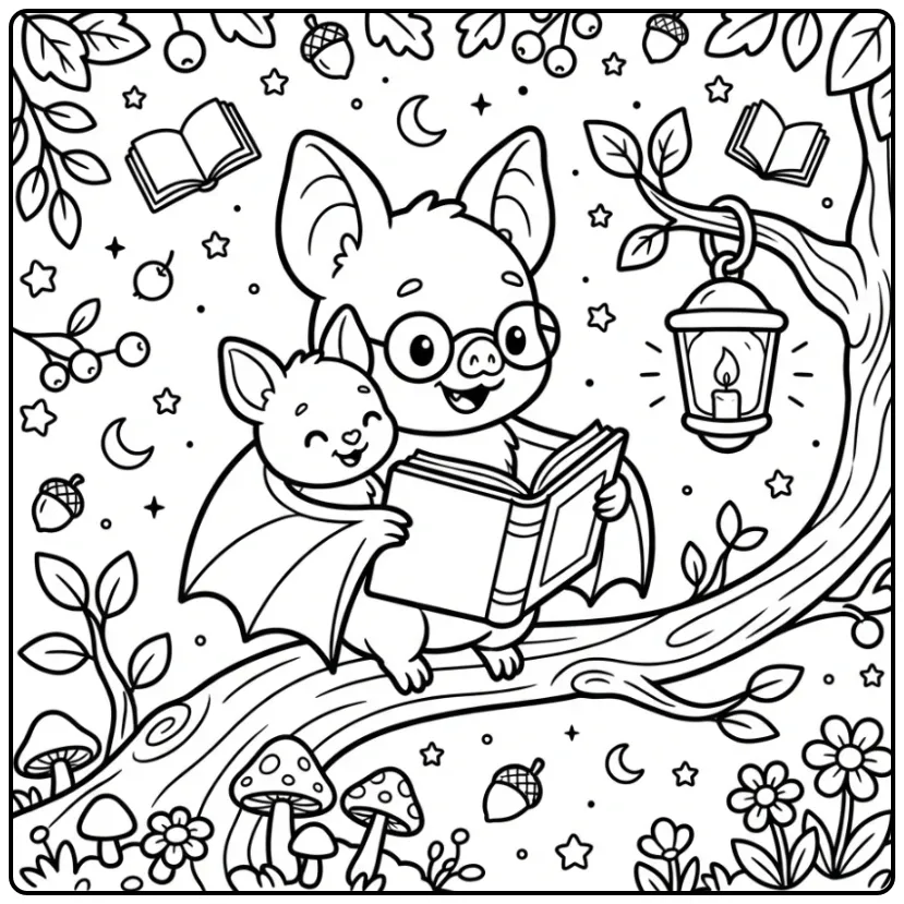 Cute Bat and Little One on a Branch coloring page