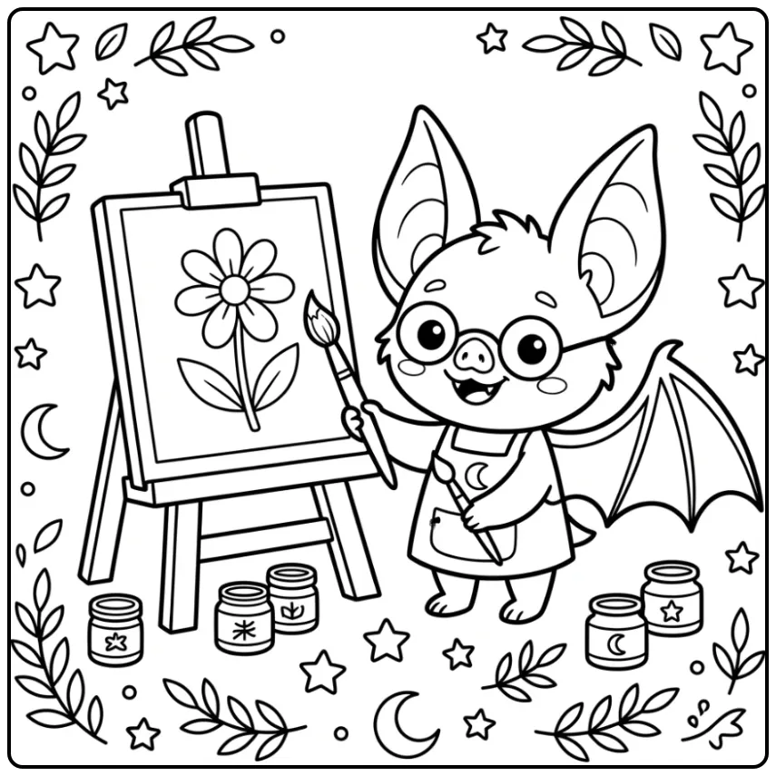 Small Cute Bat Painter with Glasses coloring page