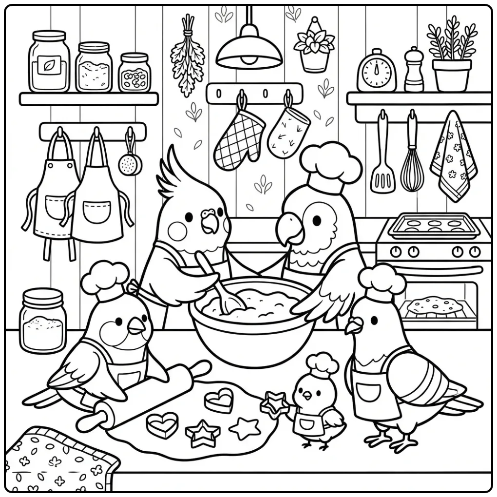 Bird Chefs Baking Cookies in the Kitchen coloring page