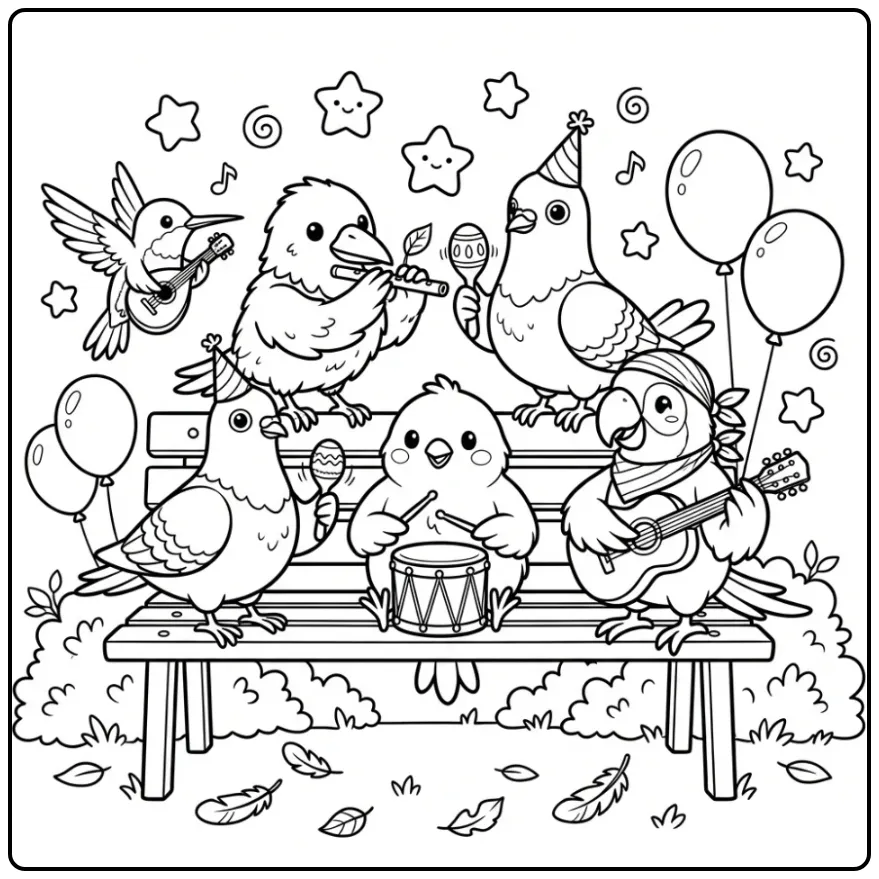 Bird with Musical Animals in the Park coloring page