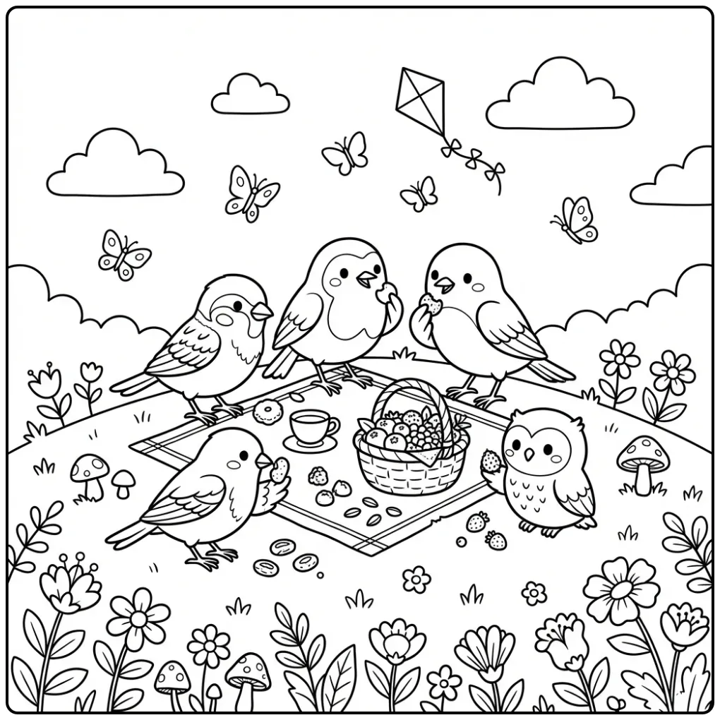Bird Picnic with Flowers and a Kite coloring page