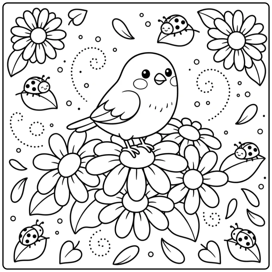 Birds and Flowers with a Finch and Daisies coloring page
