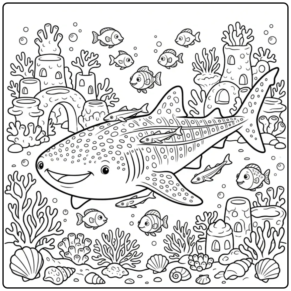 Whale Shark with Fish and Coral coloring page