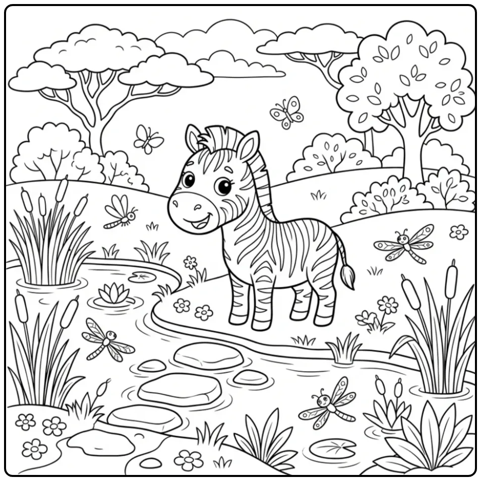 Zebra in Nature with Reeds and Dragonflies coloring page