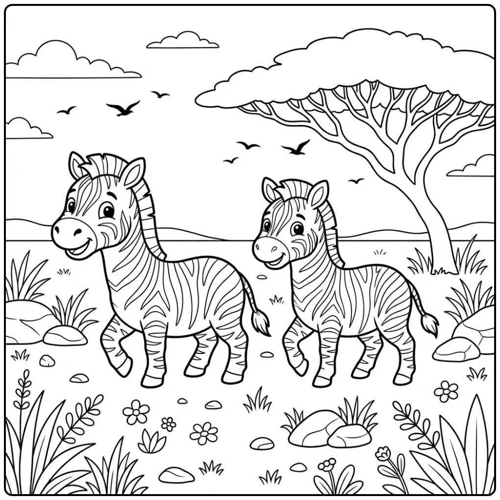 Zebra coloring page with two walking friends