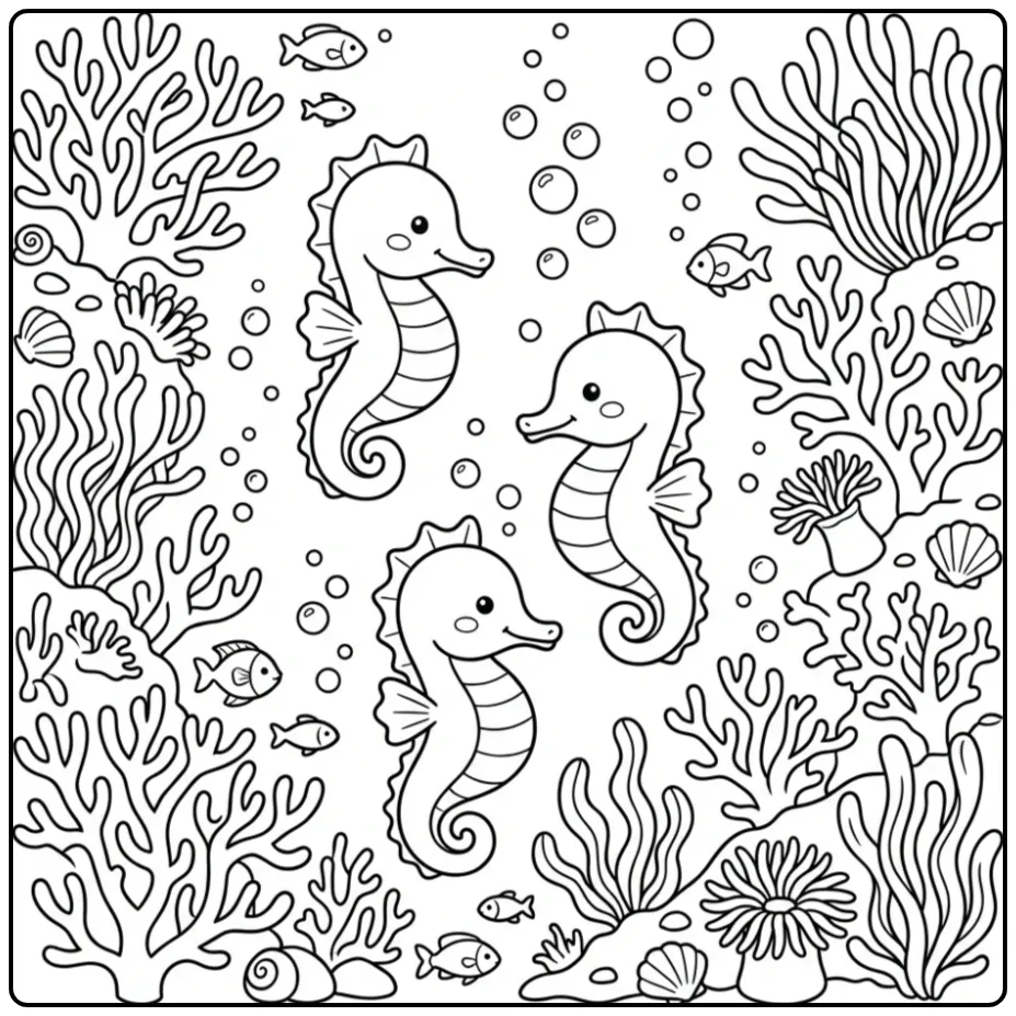 Three Seahorse Friends Swimming Underwater coloring page