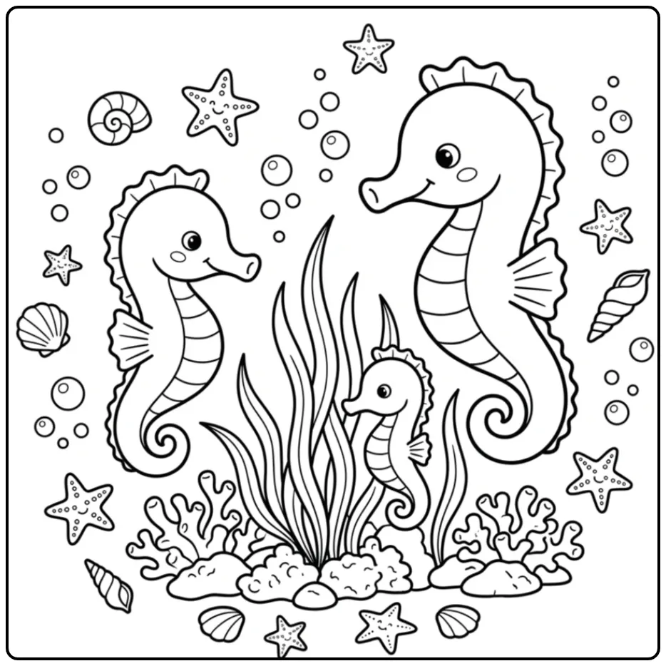 Seahorse Family in the Underwater World coloring page