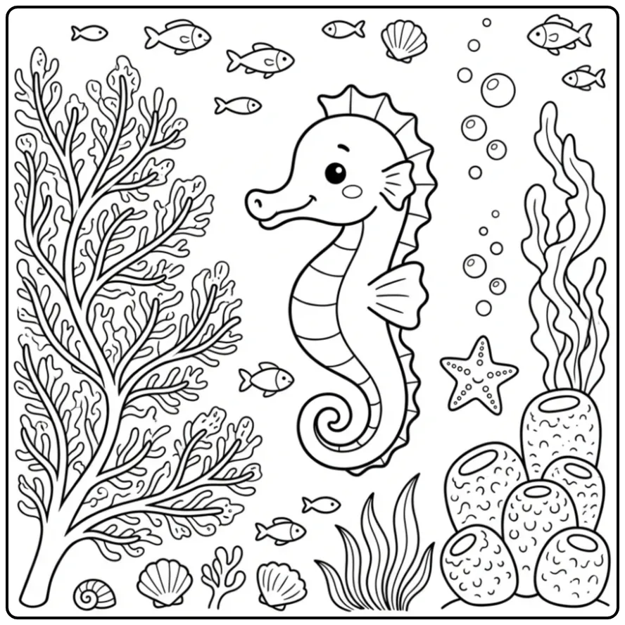 Seahorse with Starfish and Bubbles coloring page