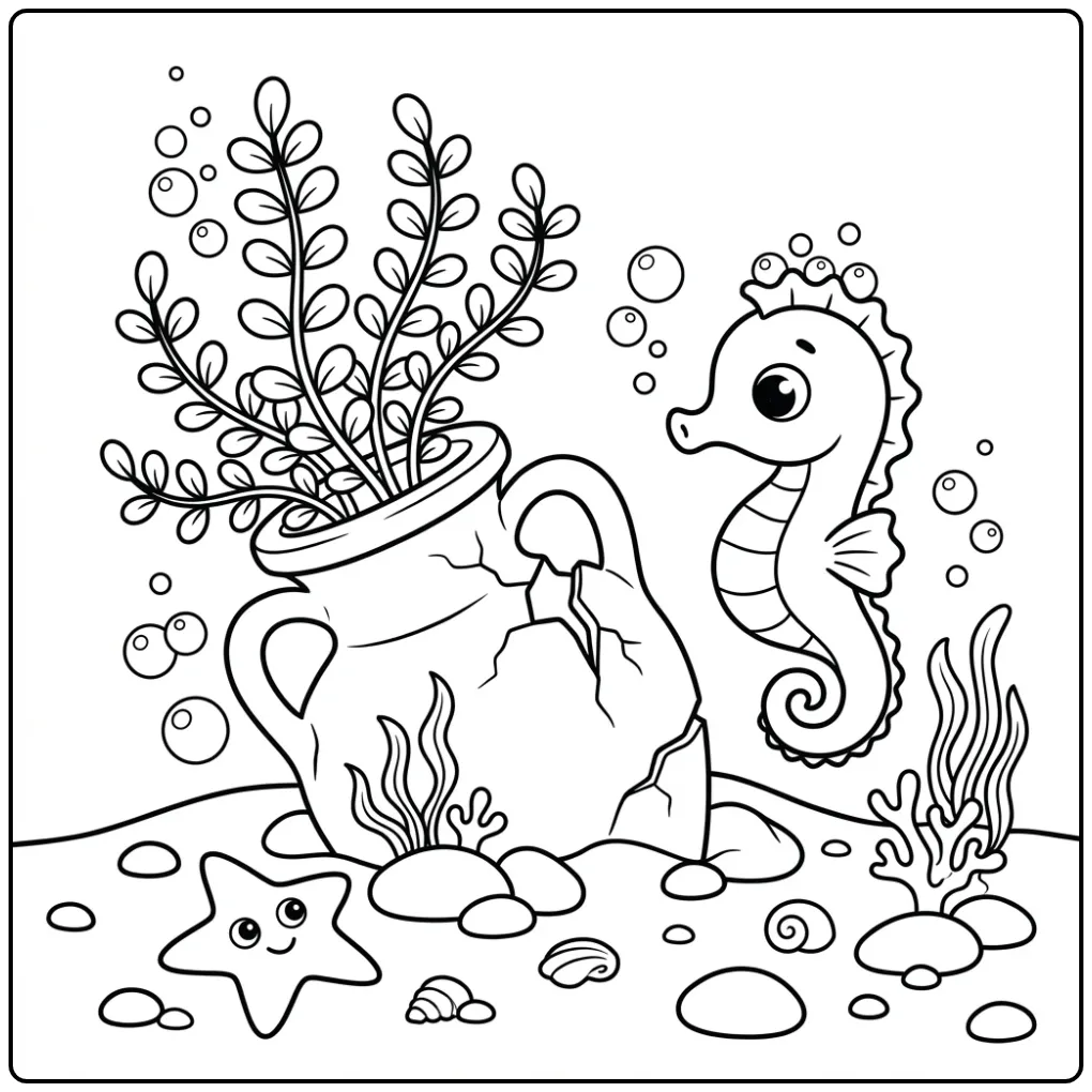 Seahorse with Starfish and Bubbles coloring page