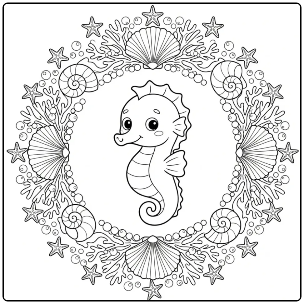 Seahorse Portrait with Bubbles and Starfish coloring page