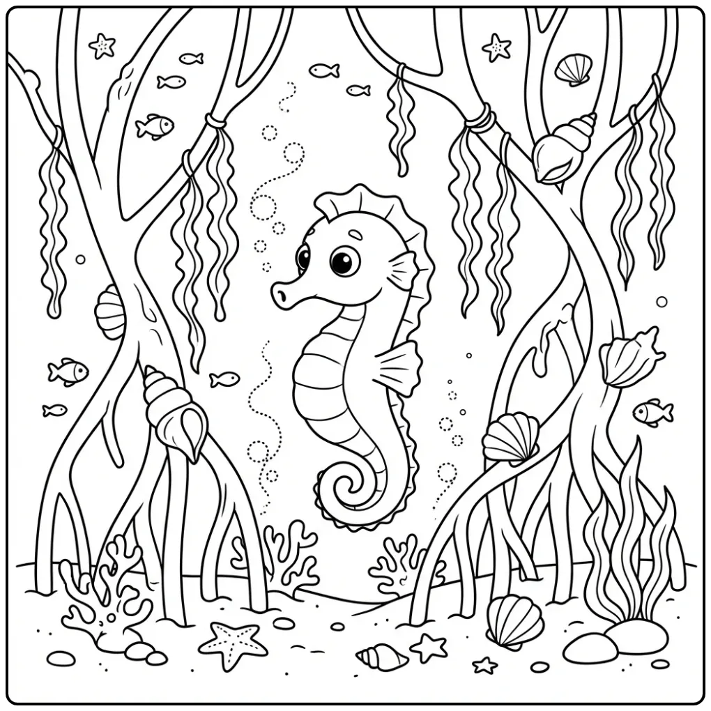 Seahorse Among Roots and Shells coloring page