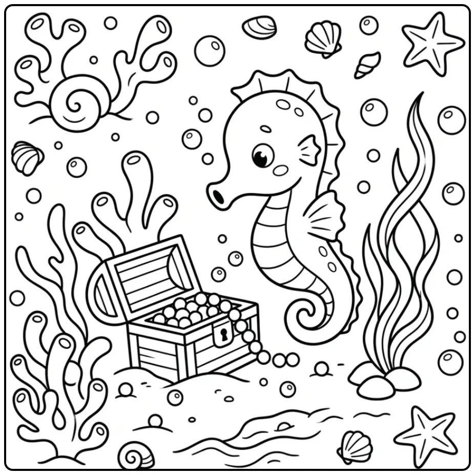 Seahorse Finding a Treasure Chest Underwater coloring page