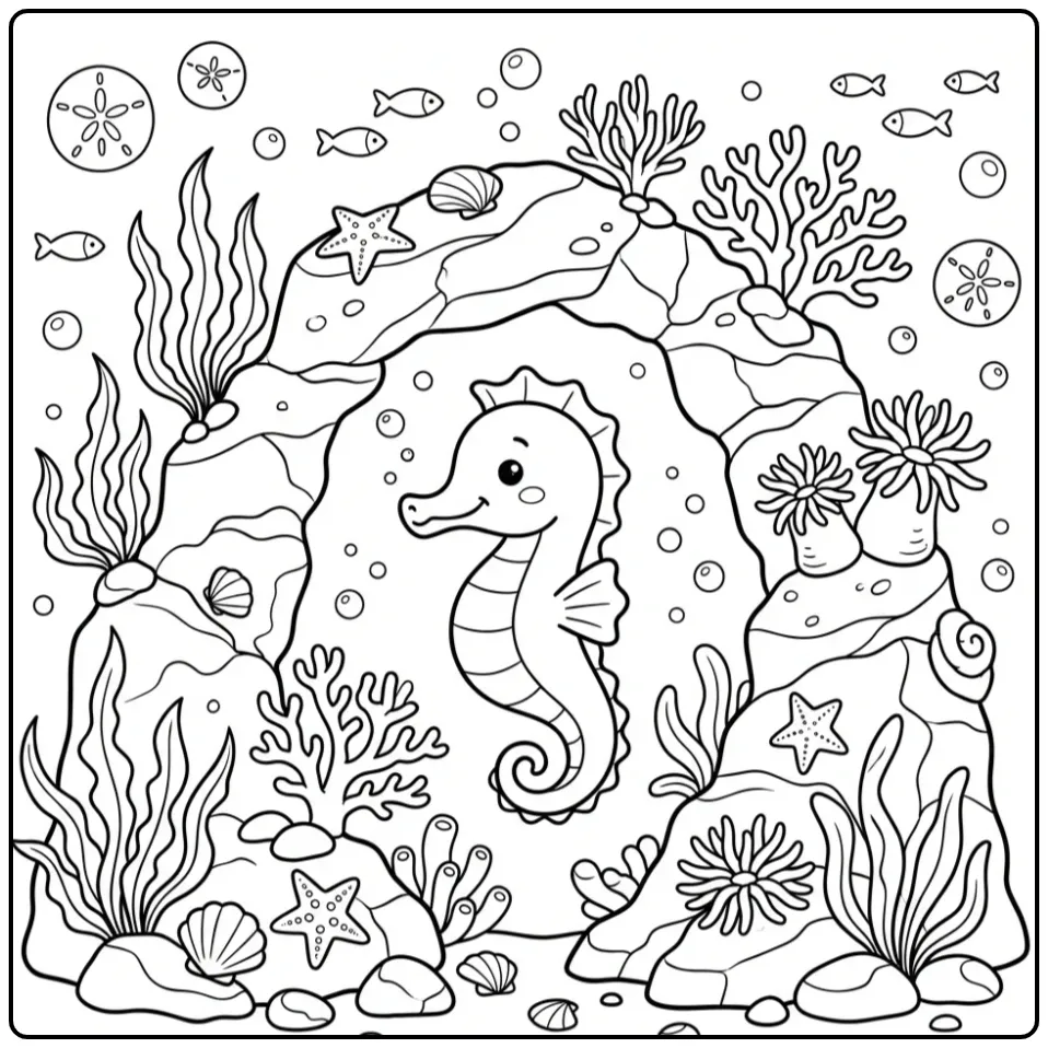 Seahorse Swimming Along Rocks and Plants coloring page