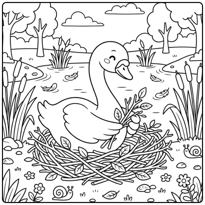 Swan coloring page building a nest in the reeds