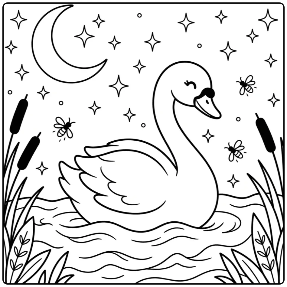 Swan coloring page swimming under the moon and stars