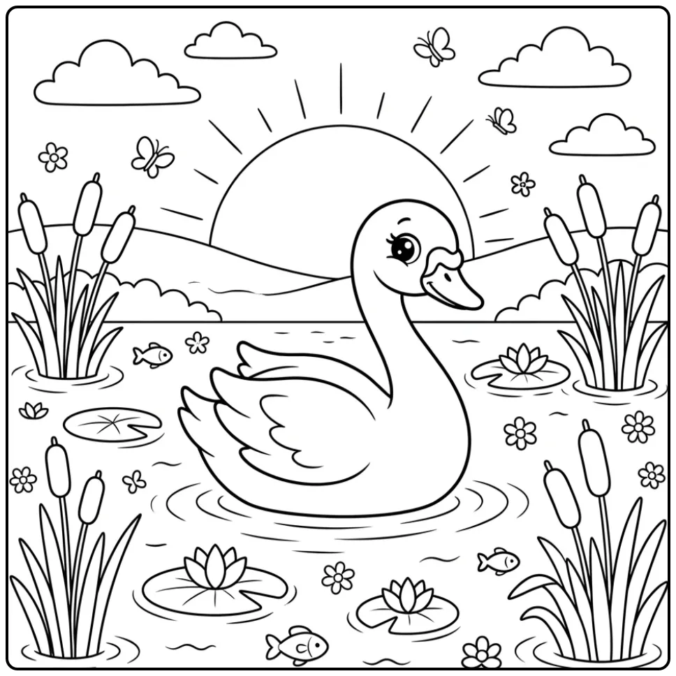 Swan coloring page swimming among reeds and lilies