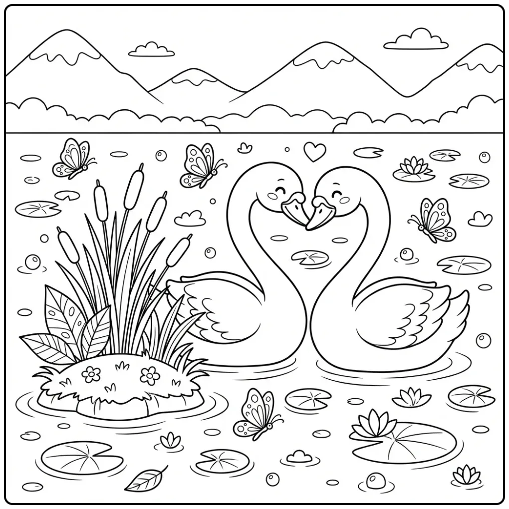 Swan coloring page with two swans by the reeds