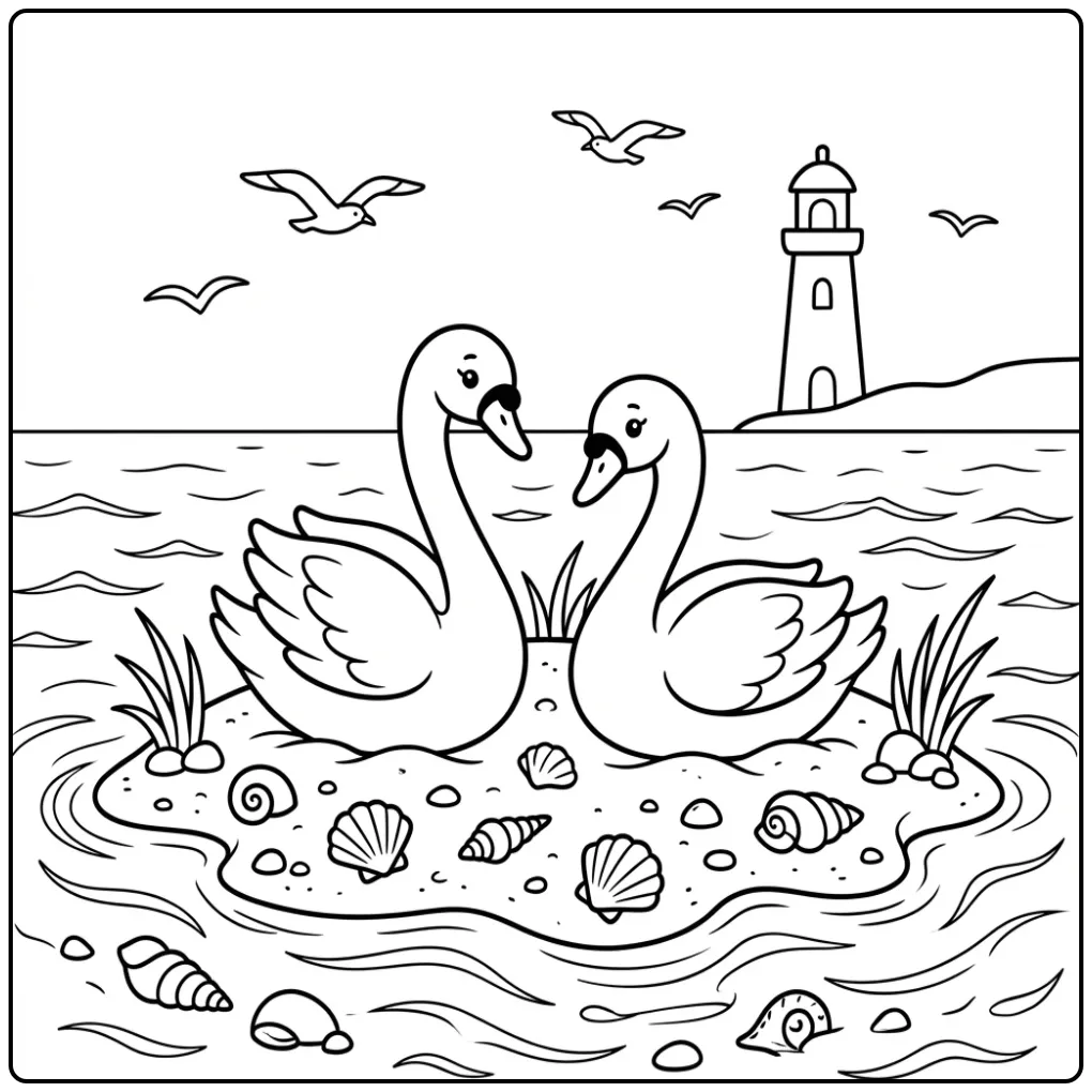 Swan coloring page with two swans on the beach