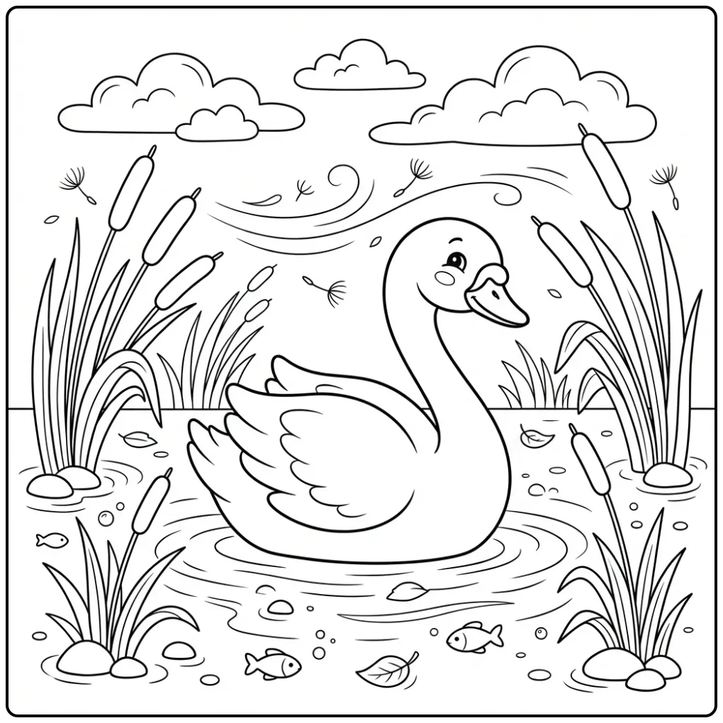 Swan coloring page swimming among waving reeds