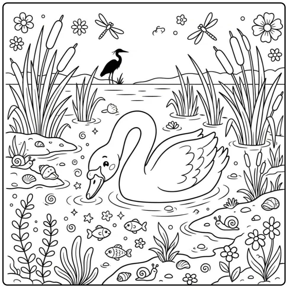 Swan coloring page in a pond with reeds