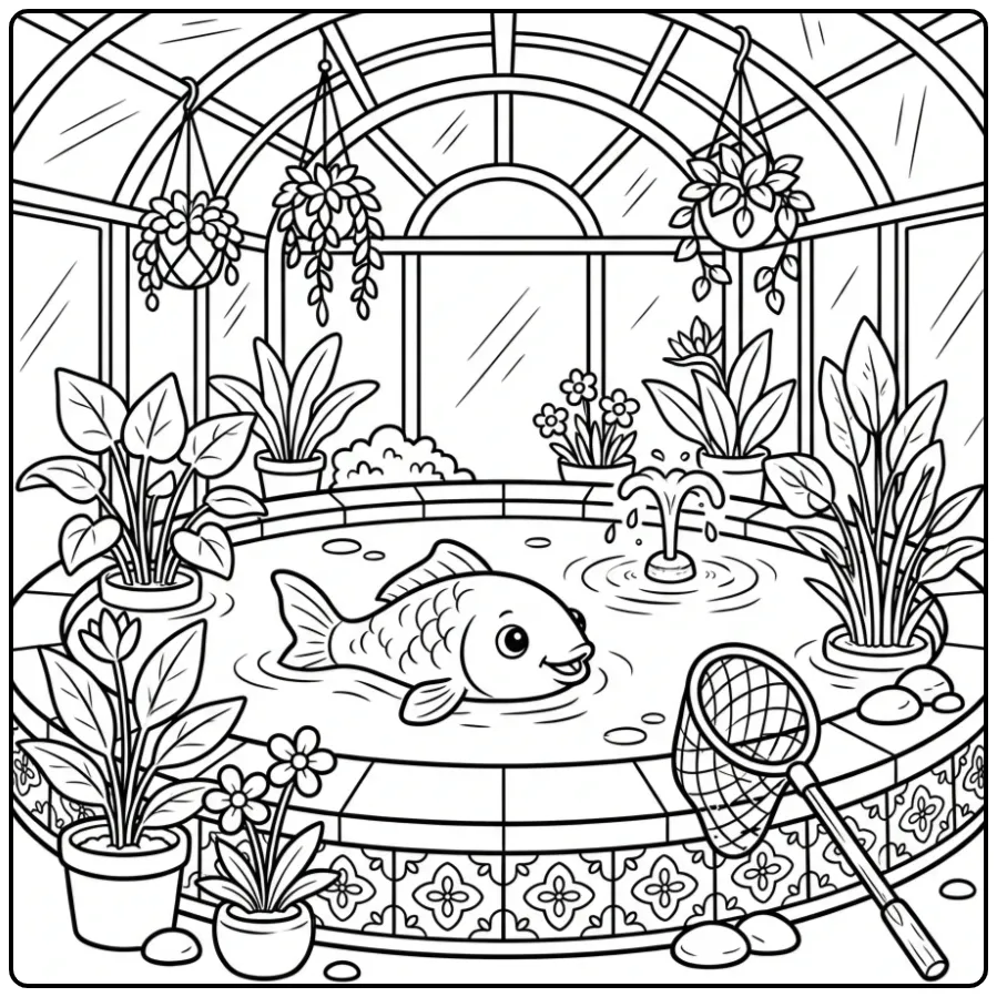 Koi Carp with a Fountain and Small Rocks coloring page