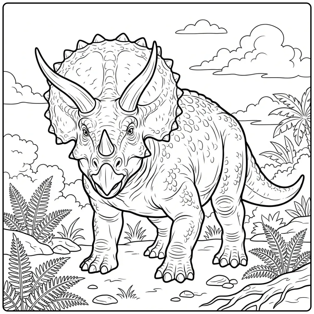 Realistic Triceratops coloring page with ferns and stones